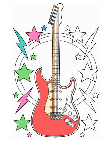 Ausmalblatt mit einer E-Gitarre, die zur Hälfte bunt ausgemalt ist